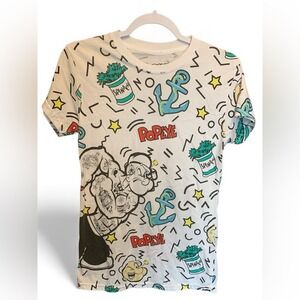 Popeye the Sailor Man‎ Mens Small White All Over Print Graphic T-Shirt Spinach